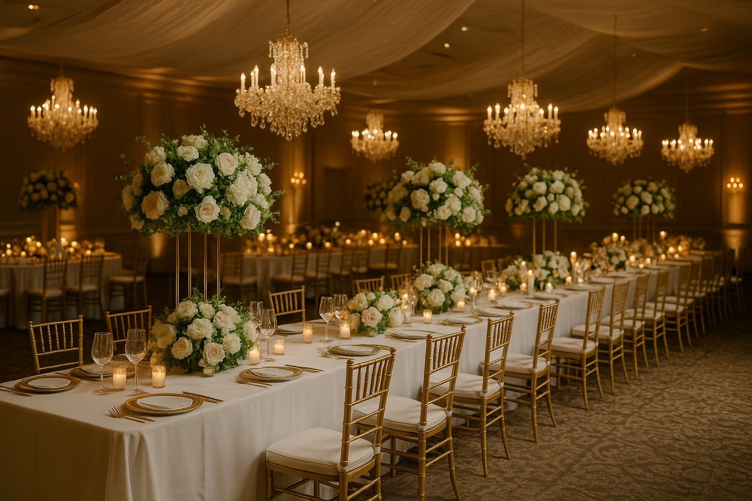 Montaje de matrimonio premium con flores abundantes, centros de mesa altos, sillas doradas y candelabros de cristal en un salón iluminado elegantemente